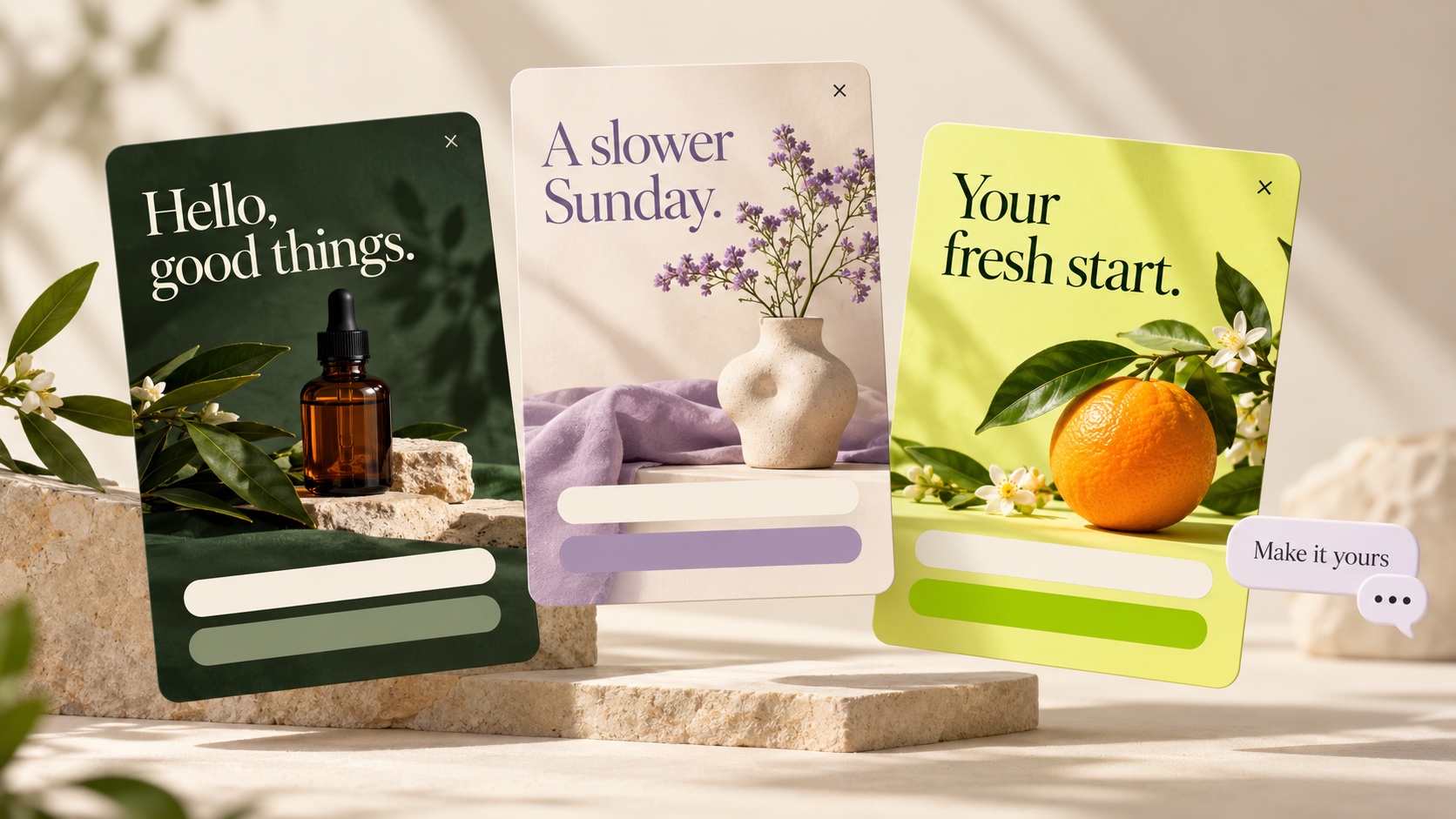 Editorial illustration of three popup design concepts in green, cream and lilac beside an AI chat bubble