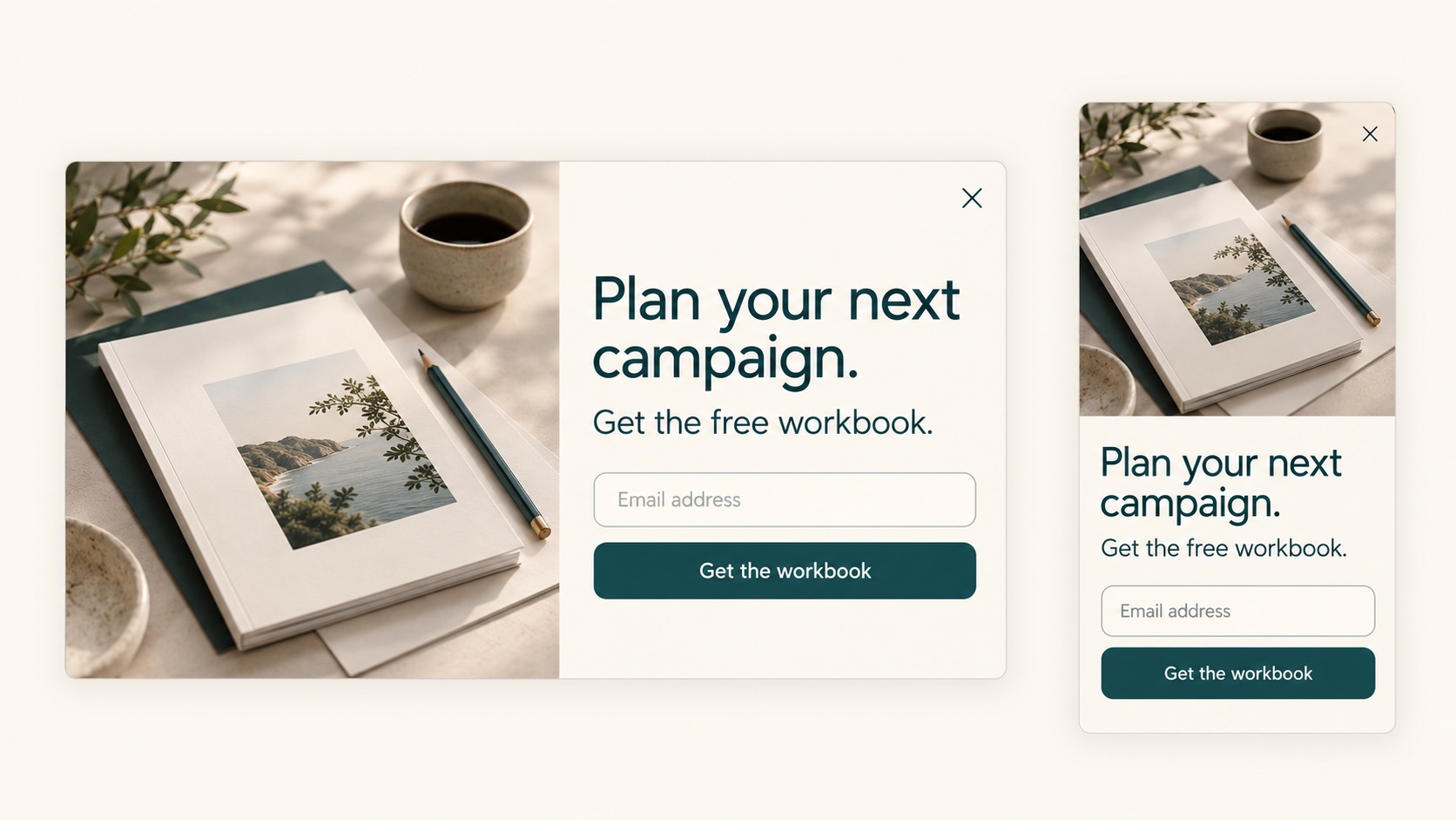 Illustration of a campaign-planning workbook popup with a two-column desktop layout and a stacked mobile layout