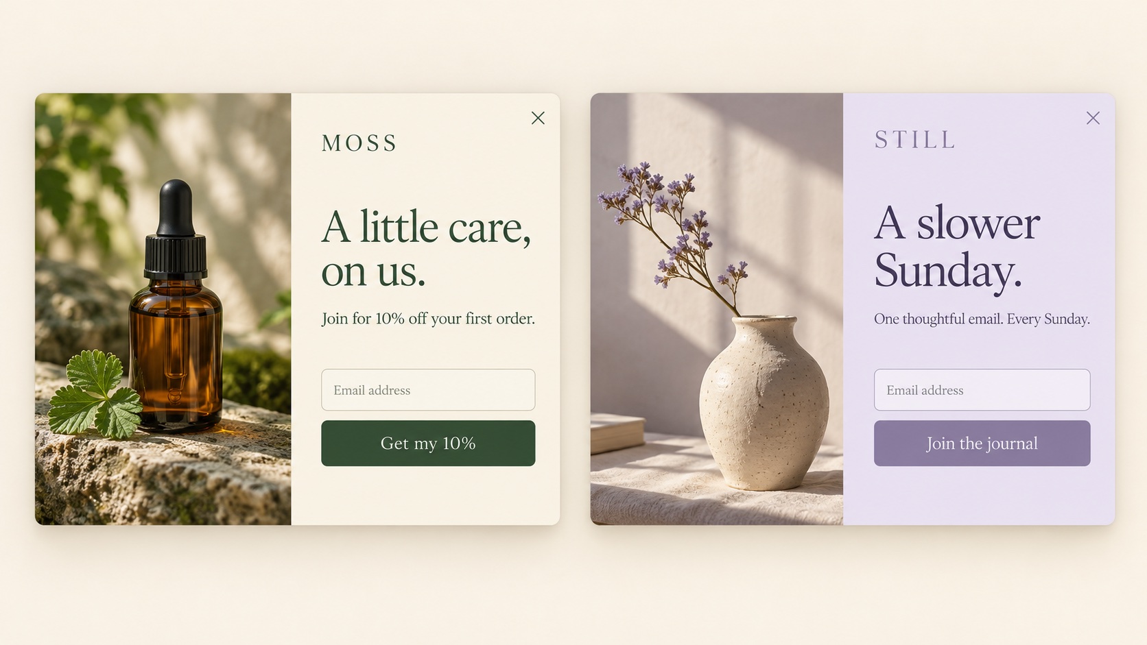 Two fictional AI popup concepts: a skincare welcome discount and a ceramics newsletter signup