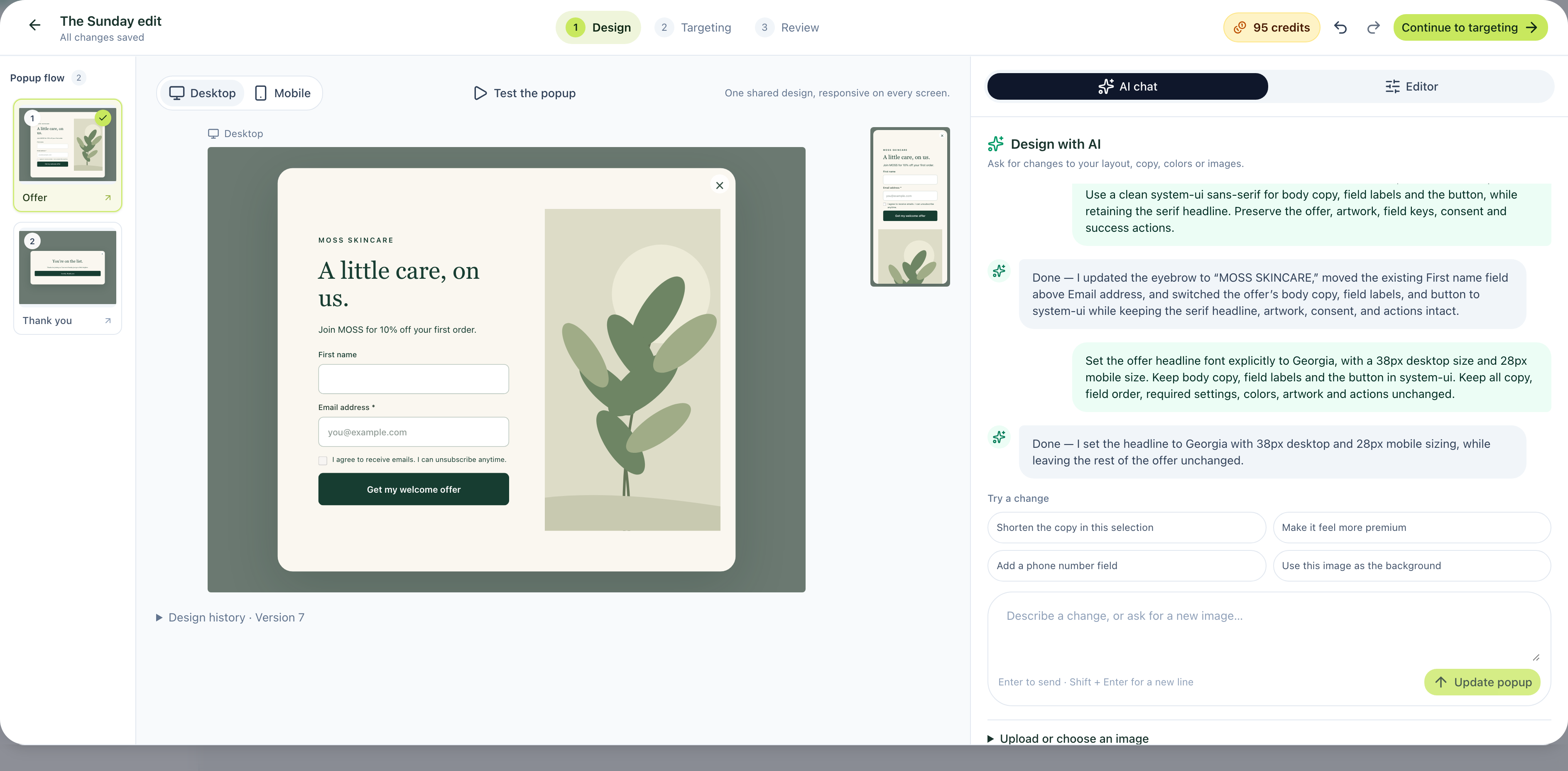 Current Onvocado AI builder with a branded MOSS welcome popup, responsive previews and the actual editing conversation