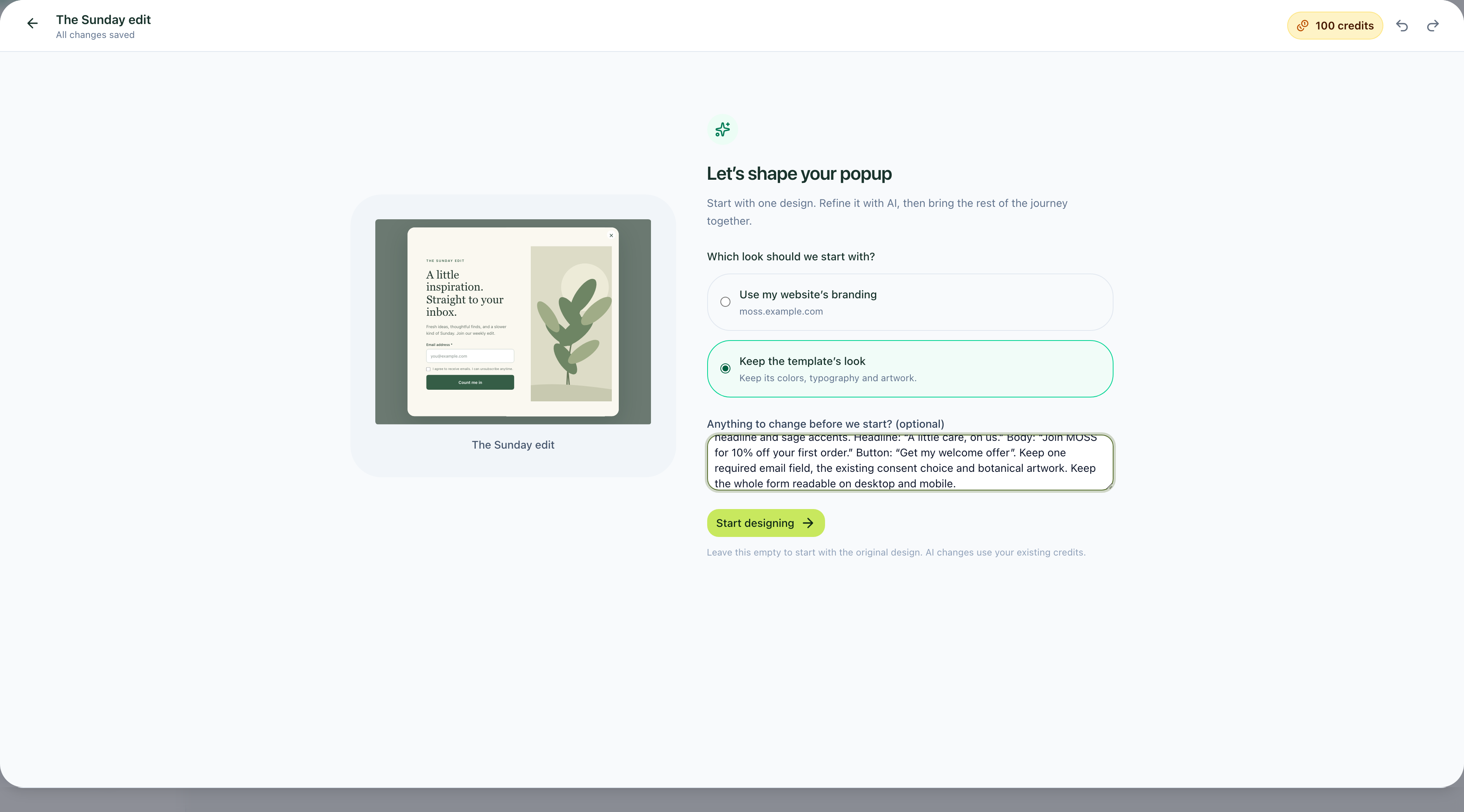 MOSS welcome-offer brief in the current creation screen