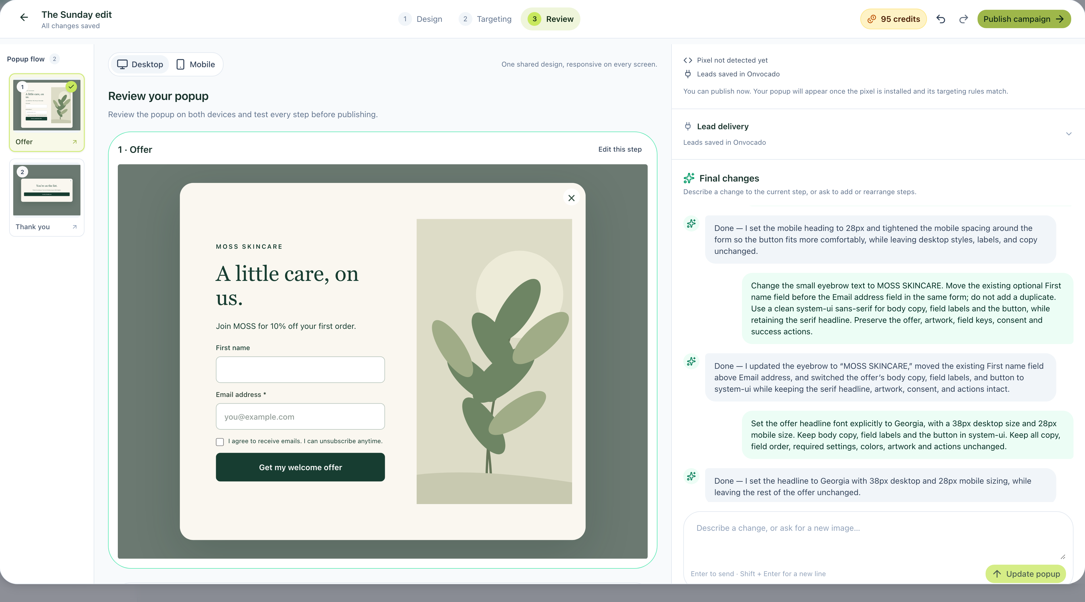 Current v2 Review screen showing the MOSS offer, confirmation step and publication controls