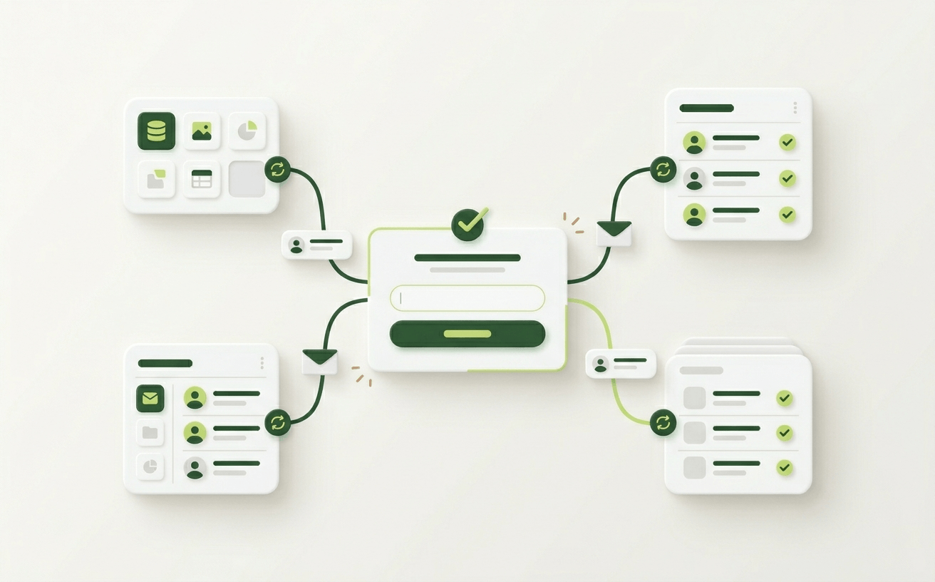 Minimal illustration of email leads syncing from a signup form to CRM and marketing tools