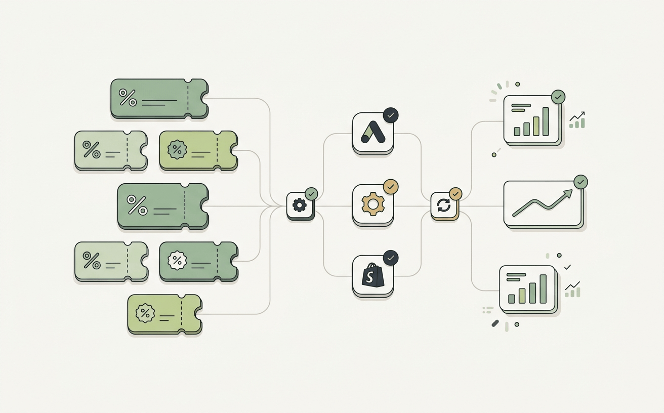 Ilustracion minimalista de cupones conectados con integraciones y senales de analitica