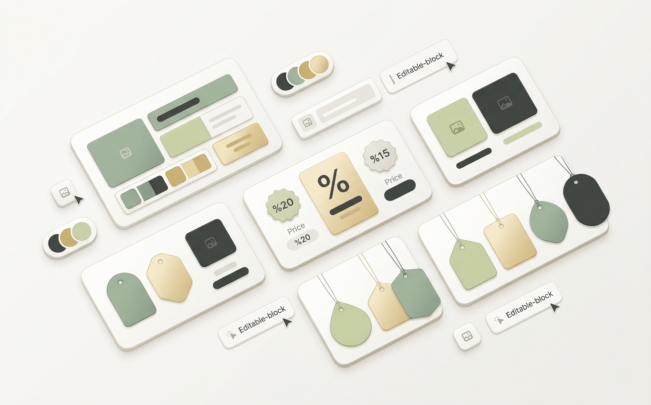 Ilustracion minimalista de plantillas de cupones personalizables con disenos editables y muestras de color