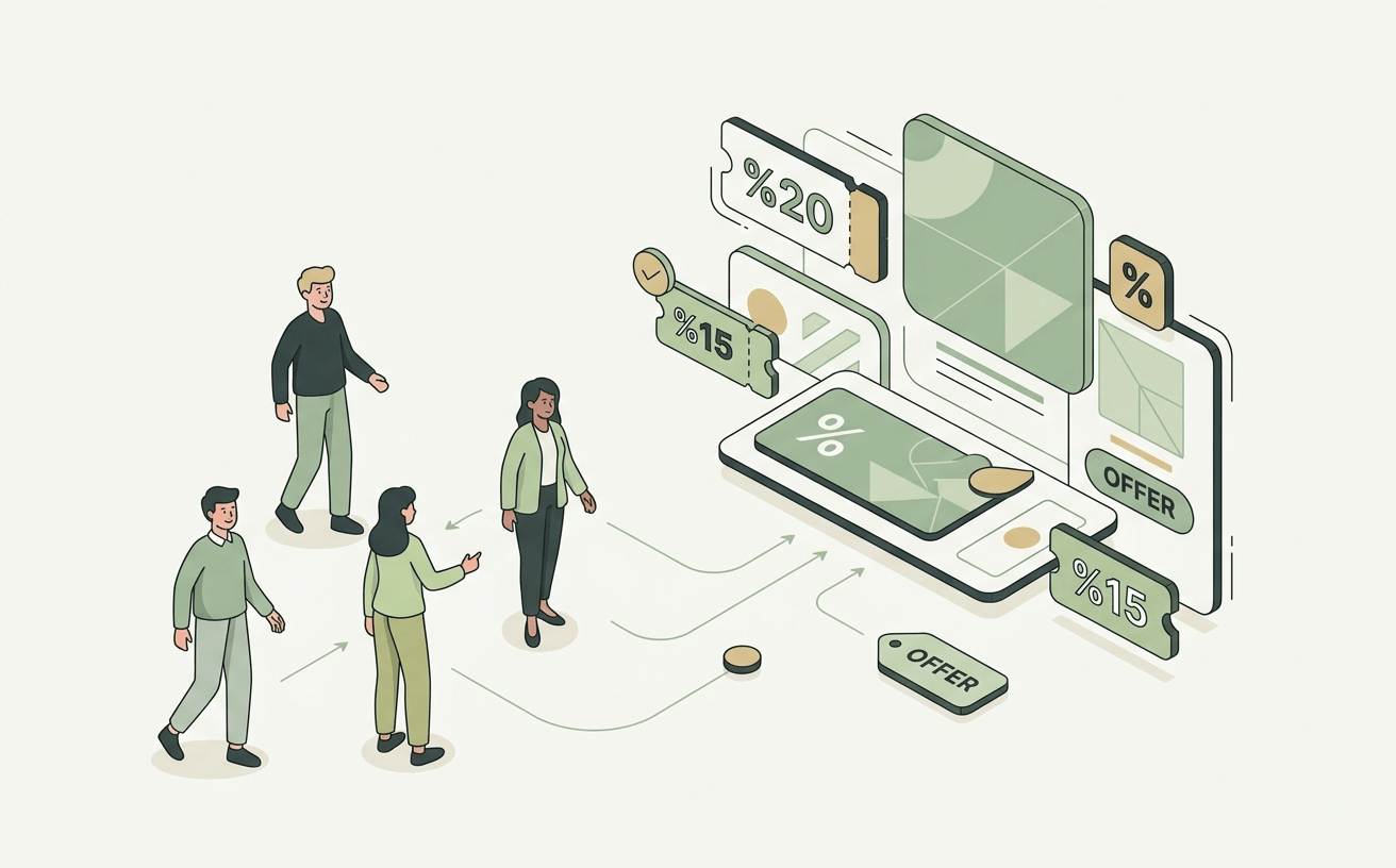 Ilustracion minimalista de visitantes avanzando hacia cupones y tarjetas de ofertas especiales